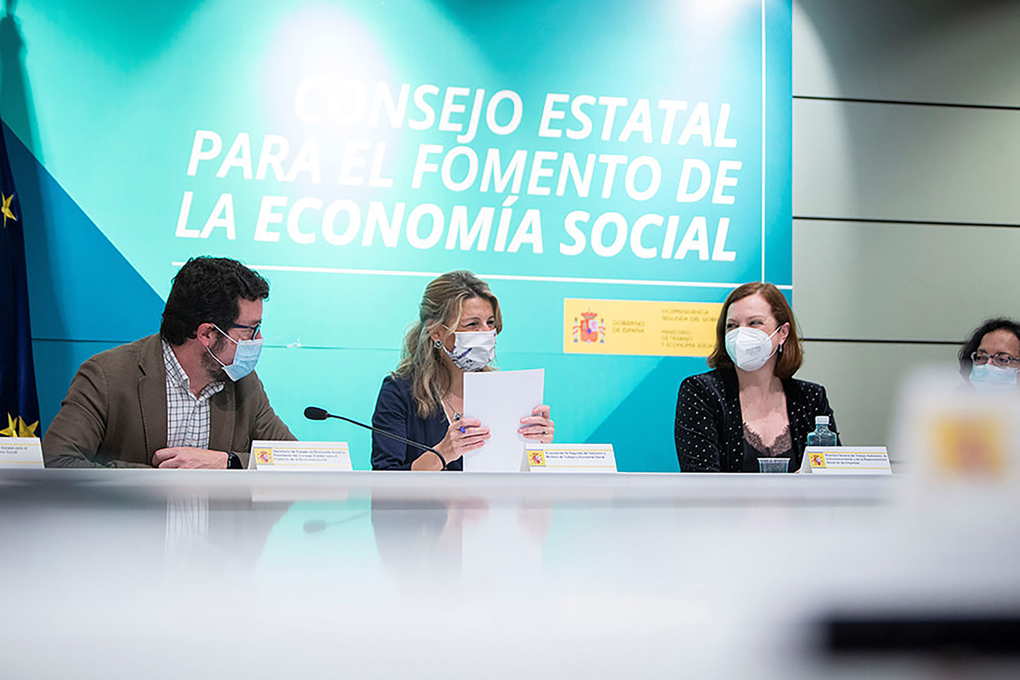 La vicepresidenta segunda del Gobierno y ministra de Trabajo y Economía Social, Yolanda Díaz, clausurando el acto de constitución del Consejo Estatal para el Fomento de la Economía Social,